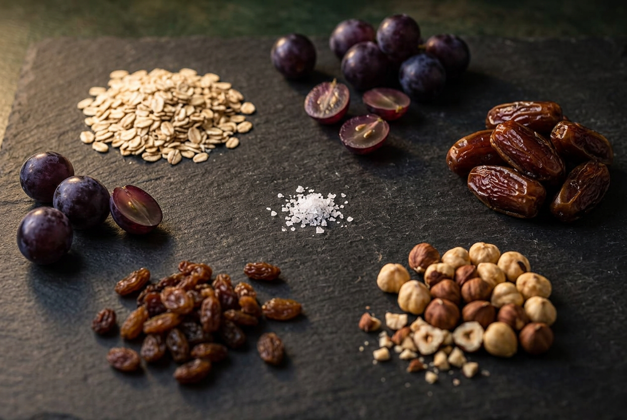 Ingrédients Grapille sur une pierre d'ardoise : raisins de Lavaux, poires séchées, avoine, noisettes et miel